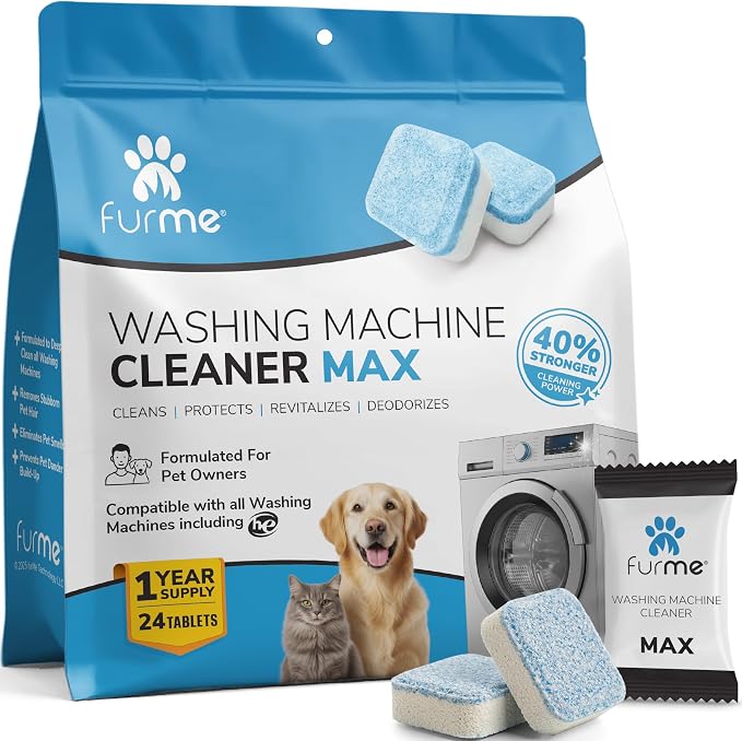 FURME Washing Machine Cleaner MAX Tablets for Pet Owners – 24 Pack Deep Cleaning Descaler for HE Front & Top Load Washers – Removes Pet Hair Odor, Residue & Grime – Septic Safe – 12 Month Supply