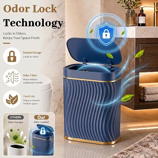 2.6 Gallon Automatic Bathroom Trash Can with Touchless Lid, Blue Gold | Motion Sensor Trash Can with Slim Waterproof Body; Small Plastic Garbage Can, hands-free lid for Bedroom, office, and kitchen
