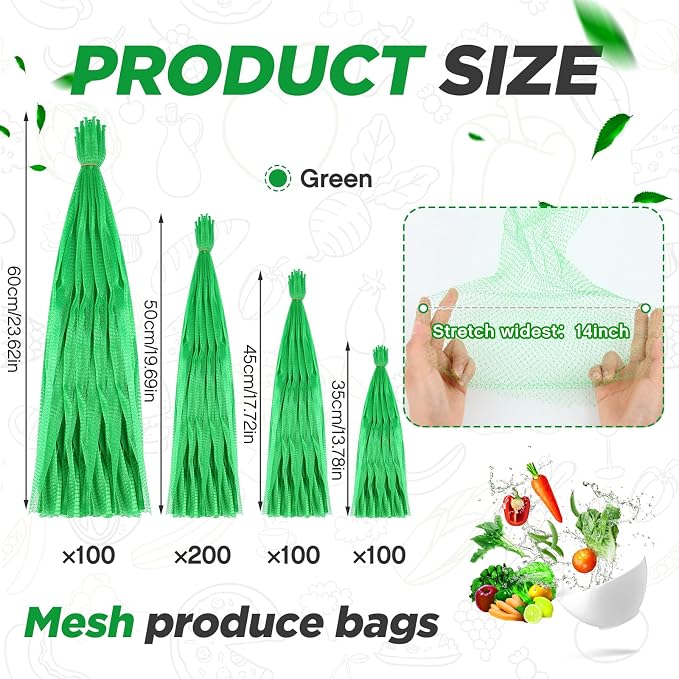 Windyun 500 Pcs 24/20/18/14 Inch Mesh Bags for Vegetables Mesh Produce Bag Reusable Nylon Netting Bulk, Fits Storage Egg Vegetable Seafood Fruits Grocery (Green)
