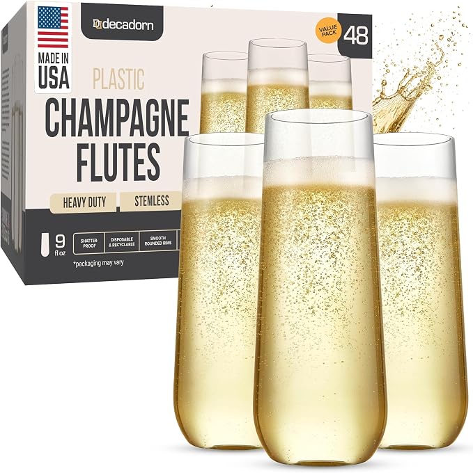 DECADORN Stemless Plastic Champagne Flutes, 48 Pack, 9 oz, Made in USA | Clear BPA-Free Glasses with Smooth Rims, Shatterproof & Recyclable, Durable Mimosa Glasses for Parties & Events