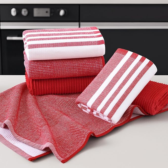 Homaxy Cotton 380 GSM Premium Kitchen Towels, 18"x 28", 3 Pack, Red | Soft and Absorbent Terry Dish Towels, Multipurpose Tea Towel Set with Hanging Loop, 3 Styles Kitchen Hand Towels