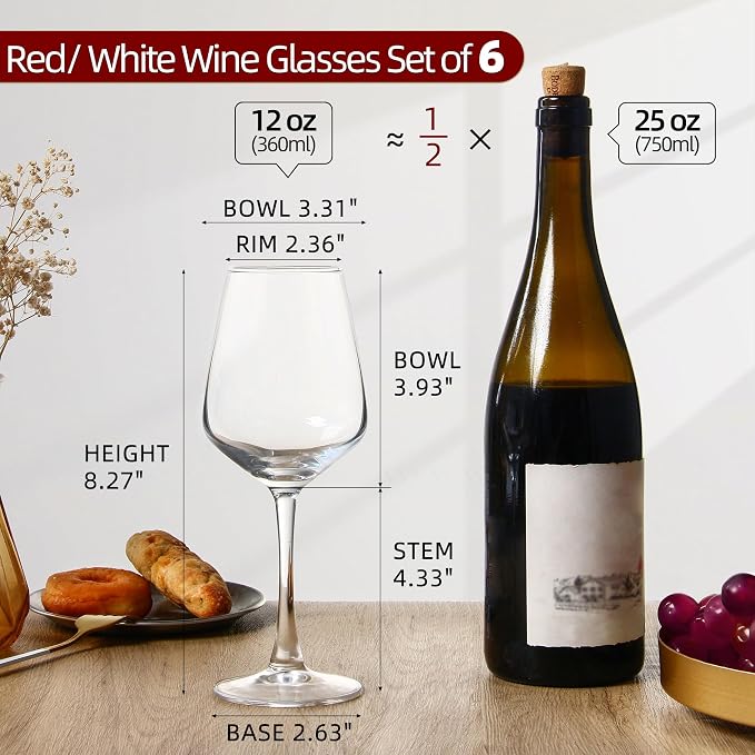 SHYRC Wine Glasses Set of 6, 12oz Clear Red/White Wine Glasses, Long Stem Glasses for Party, Wedding and Home