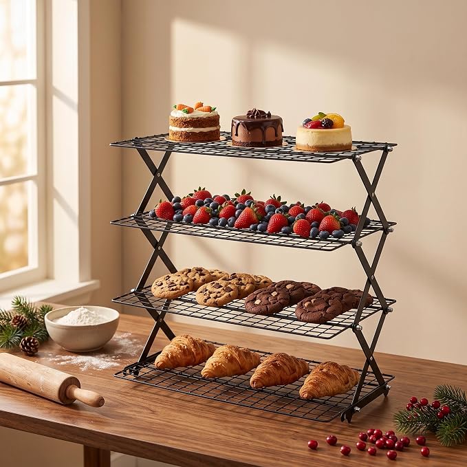 LIANYU 4-Tier Cooling Rack for Baking & Cooking, Collapsible & Space-Saving | Baking Wire Rack for Cooking, Nonstick 4 Adjustable Tiers, 3 Setting Design, Heavy Duty & Non-Toxic, Ideal for Cakes, Cookies