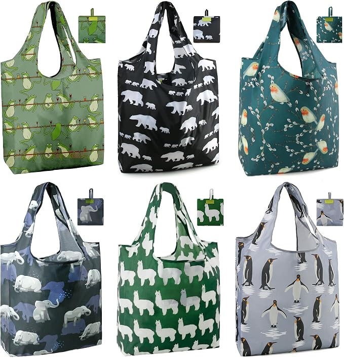 BeeGreen Animal Reusable Shopping Bags Cute Grocery Bag 6 Pack, Christmas Gift Bags Heavy-Duty Foldable Shopping Totes for Supermarket, Work & Travel, Large Washable Polyester Tote Bag with Handles