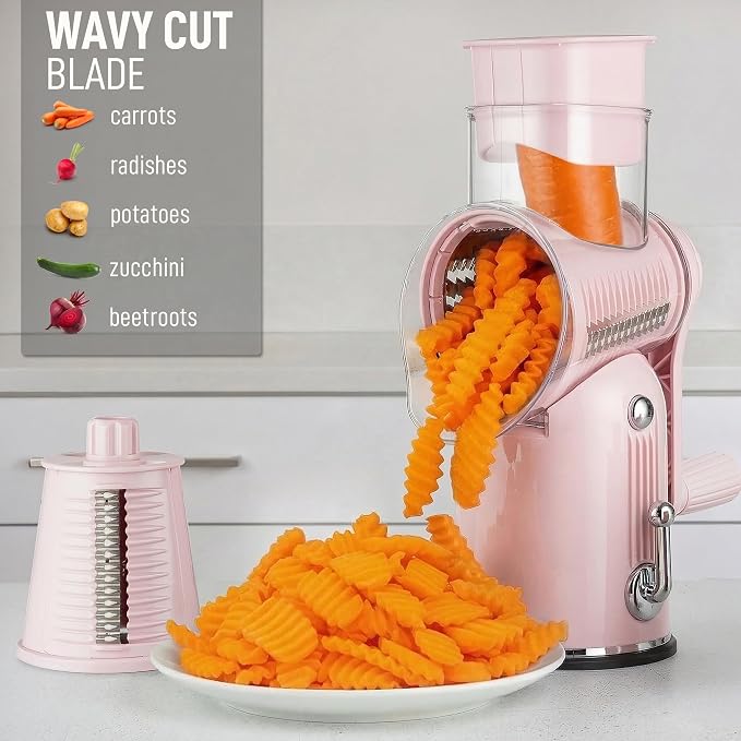 Zulay Kitchen Rotary Cheese Grater 5 Blade Cheese Shredder - Manual Hand Crank Cheese Grater With Reinforced Suction & 5 Interchangeable Drums - Easy to Use, Vegetable Chopper Round Mandoline Slicer
