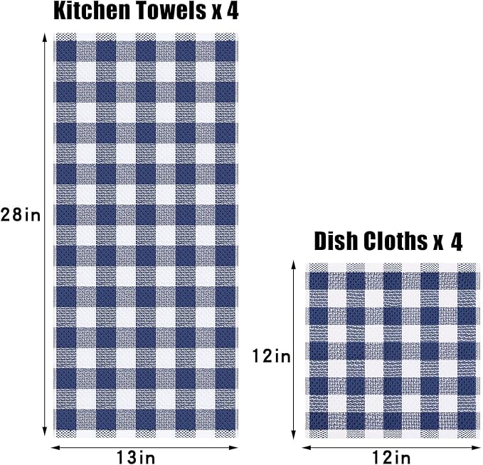 Homaxy Kitchen Towels and Dishcloths Set, Set of 8, Blue & White | Bulk Cotton Waffle Weave Check Plaid Kitchen Towels, Super Soft and Absorbent Dish Cloths, 12 x 12 and 13 x 28 Inches