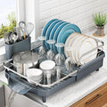 SNTD Expandable Dish Drying Rack for Kitchen Counter, 15.2-22.1 in, Gray | Rust-Resistant Stainless Steel, Protective Side Rails, Self-Draining Drainboard, Removable Utensil Holder