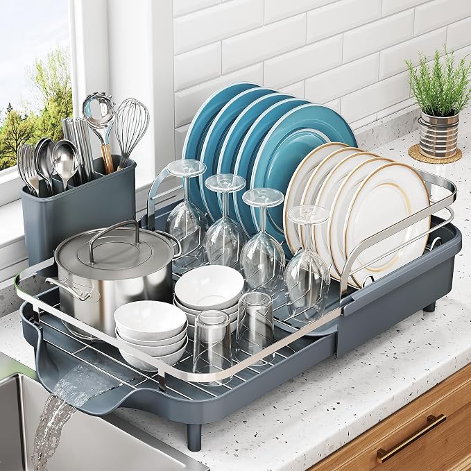 SNTD Expandable Dish Drying Rack for Kitchen Counter, 15.2-22.1 in, Gray | Rust-Resistant Stainless Steel, Protective Side Rails, Self-Draining Drainboard, Removable Utensil Holder