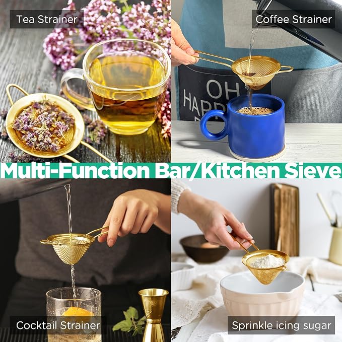 Homestia 304 Stainless Steel Fine Mesh Strainer, Sieve Sifter For Tea, Gold | 3.3'' Kitchen Small Strainer Fine Mesh, Cone Cocktail Strainer, Bar Strainer for Food, Rice, Fruits, Juicing, Drinks, Coffee