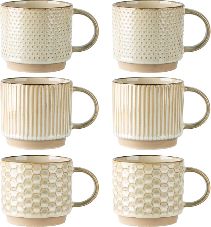 GBhome 12 OZ Stackable Coffee Mugs Set of 6, Ceramic Blue Coffee Cups Set | 3 Assorted Designs, Embossed Mugs with Texture Patterns for Tea/Coffee, Dishwasher&Microwave Safe, Pale Khaki