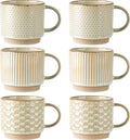 GBhome 12 OZ Stackable Coffee Mugs Set of 6, Ceramic Blue Coffee Cups Set | 3 Assorted Designs, Embossed Mugs with Texture Patterns for Tea/Coffee, Dishwasher&Microwave Safe, Pale Khaki