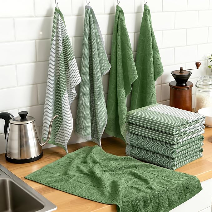Homaxy 9 Pack Cotton Terry Premium Kitchen Towels, 18 x 28 in, Grass Green | Large 380 GSM Dish Towels, Highly Absorben Flat & Terry Kitchen Hand Towels, Soft Utility Tea Towel Set with Hanging Loop