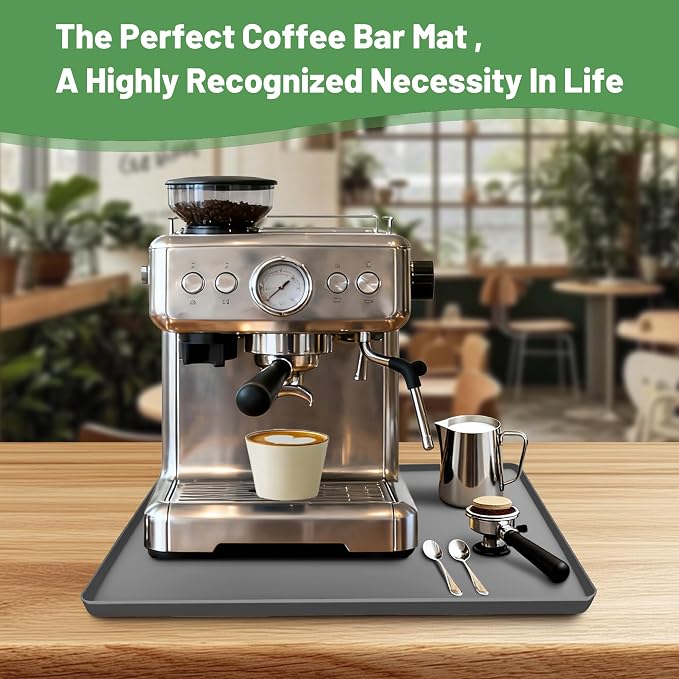 16-inch Coffee Mat - Heat Resistant Silicone for Coffee Bar & Kitchen Counter - Bar Mat for Countertops - Decor Under Espresso Machine & Makers (Grey)