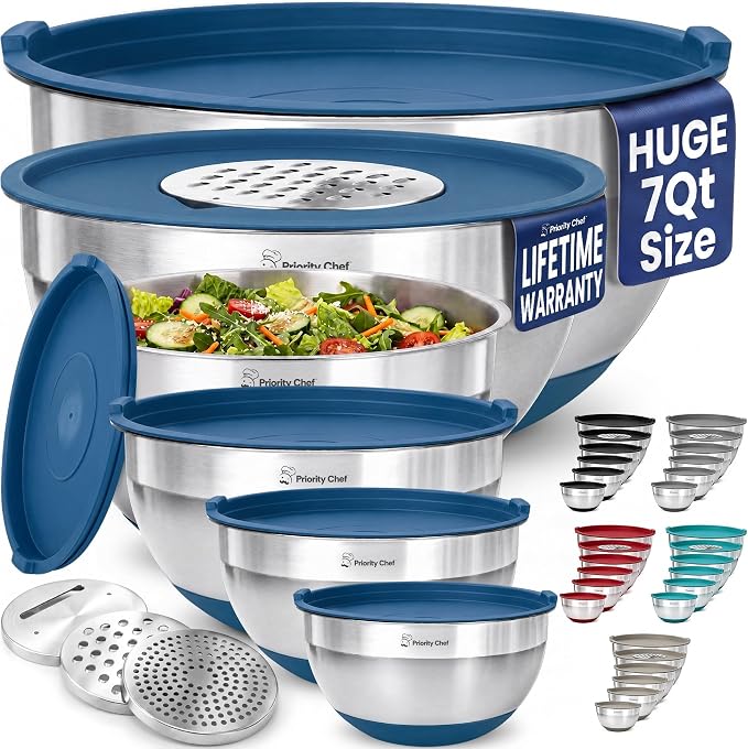 Priority Chef 6pc Stainless Steel Mixing Bowls with Lids Set, 7 Qt, Blue | Non-Slip Nesting Bowls, 3 Graters and Interior Measurement Marks; For Meal Prep, Baking and Airtight Fridge Storage