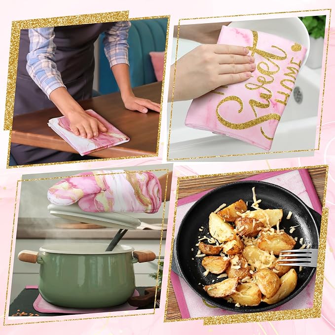 Bencailor 6 Pcs Pink Kitchen Decor Marble Kitchen Towels Set Pot Holders and Oven Mitts Pink Marble Linens Set for Baking Cooking Grilling Cleaning Supply Accessories