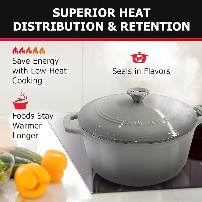 Mueller 6 Quart Enameled Cast Iron Pot Dutch Oven, Heavy-Duty | Oven-Safe up to 500°F & Across All Cooktops, Casserole Dishes for Ovens, Bread Pan with Lid & Knob, Cast Iron Cookware, Grey