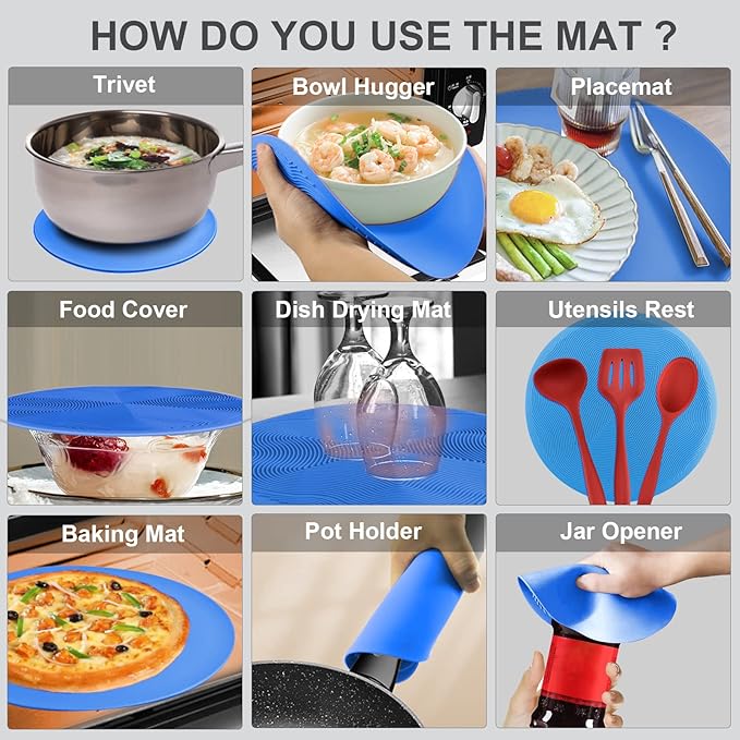 2 in 1, Aidacom Microwave Splatter Cover for Food & Silicone Microwave Mat, Mat as Bowl Holder, Trivet, Pot Holders, Drying, Baking, Utensils Rest for Kitchen Counter, Dishwasher Safe, Blue