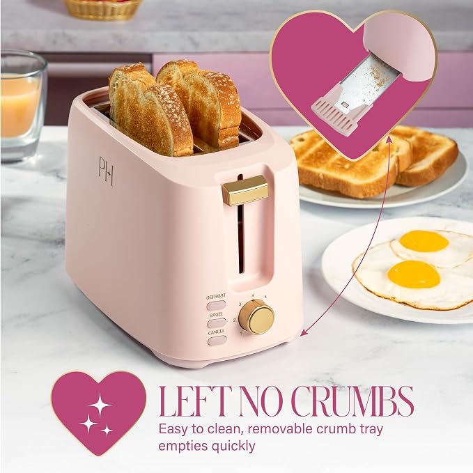 Paris Hilton 2-Slice Toaster, Extra-Wide Slots, 7 Browning Settings, Bagel & Defrost Functions, Removable Crumb Tray, Pink