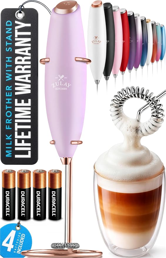 Zulay Kitchen Powerful Milk Frother Wand With Duracell Batteries - Ultra Fast Handheld Drink Mixer - Electric Whisk Foam Maker for Coffee, Lattes, Cappuccino & Matcha - Z1 Motor - Lilac & Rose Gold
