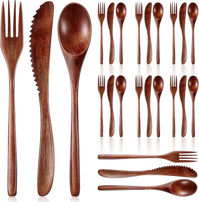 Geiserailie 24 Pcs Wooden Utensils for Eating Wooden Spoon Fork Knife Set | Reusable Cutlery Set, Dinner Silverware, Natural Wood Flatware, Kitchen Tableware