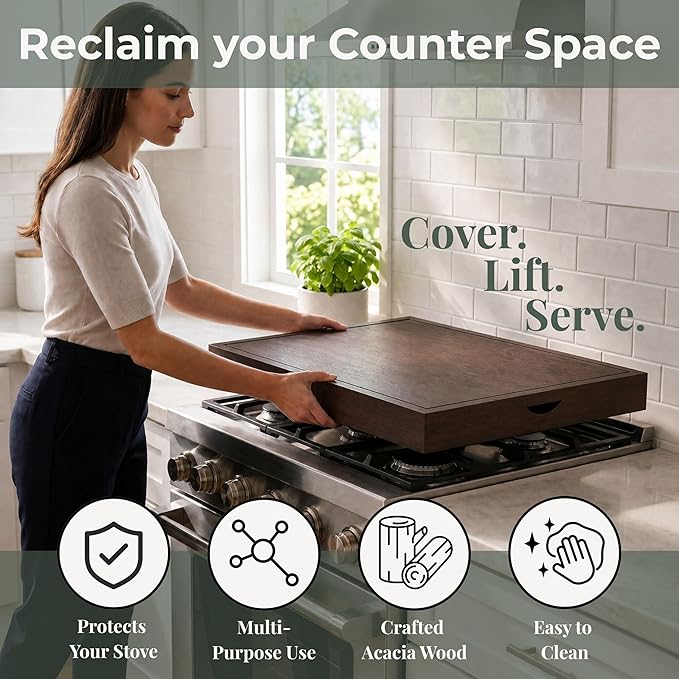 Wood Stove Top Cover for Gas Stove Top - Noodle Board Stovetop Cover for Gas Stove | Wooden Stove Cover Cutting Board with Handles | Butcher Block Stove Top Covers for Electric and Gas Burners