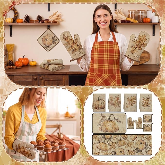 Fanfanwin 10 Pcs Fall Pumpkin Kitchen Decor Set Kitchen Towels Pot Holders Oven Mitts and Rugs Set Thanksgiving Towels for Baking Cooking BBQ Autumn Home(Sepia,Rustic Fall)