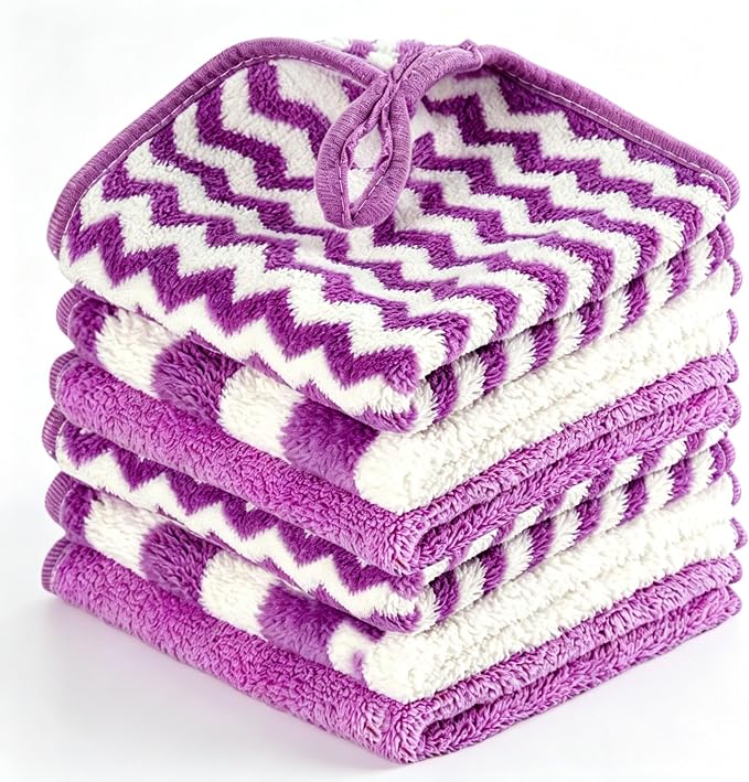 Microfiber Cleaning Cloths, 6 Pack Purple Kitchen Towels | 12x12 Inch, Ultra Soft Absorbent, Lint Free Dish Towels with Hanging Loop, Reusable for Kitchen, Car & Household