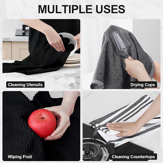 Homaxy Cotton 380 GSM Premium Kitchen Towels, 18"x 28", 6 Pack, Black | Soft and Absorbent Terry Dish Towels, Multipurpose Tea Towel Set with Hanging Loop, 3 Styles Kitchen Hand Towels