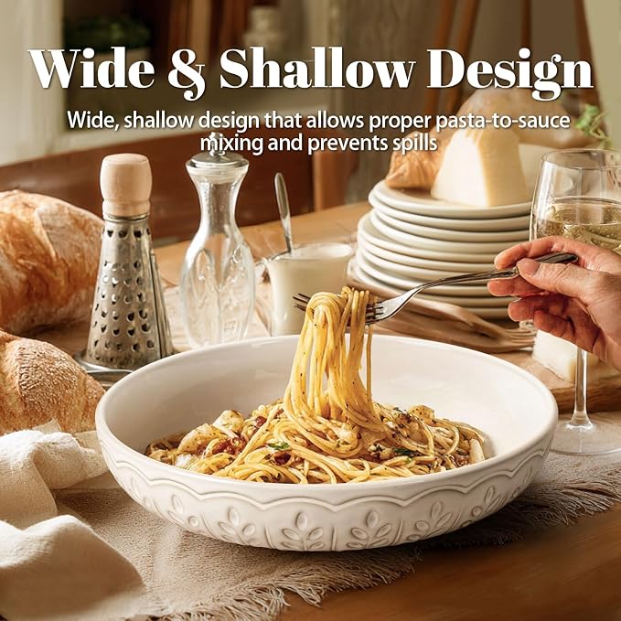 Pasta Bowls, 50oz Large Salad Serving Bowls, 9.75'' Plates Bowls Set of 4, Big White Ceramic Soup Bowls for Kitchen, Embossment Shallow Dinner Bowl, Microwave Dishwasher Safe, Wheat Leaf