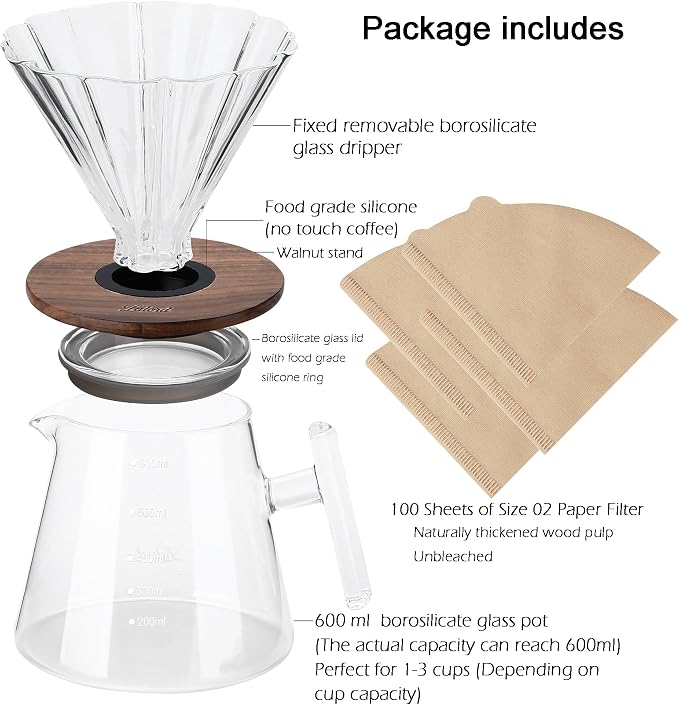 Lalord Pour Over Coffee Maker, 20 oz Borosilicate Glass Set with 100 pcs Paper Filter, Walnut Collar & Glass Lid, Drip Coffee Maker, 1-3 Cups, Clear, 600 ml, Petal Shape