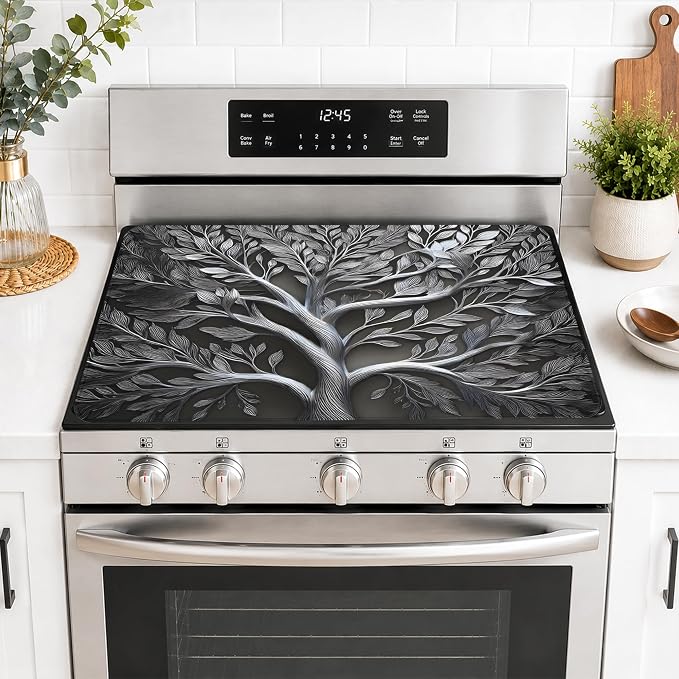 Stove Top Cover for Electric Stove 28"x20" Rubber Stovetop Cover | Heat Resistant Glass Top Stove Cover Protector Mat - Anti-Scratch Dish Drying Mat, Tree of Life Pattern with 2 Hooks