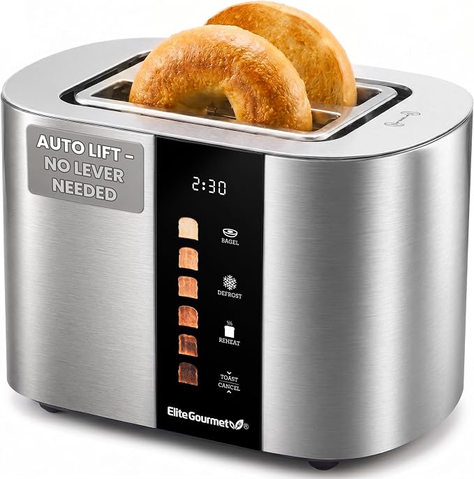 Elite Gourmet ECT2470 2-Slice Automatic Toaster, Stainless Steel | Motorized, No-Lever Digital Touchscreen, 6 Browning Levels, Bagel, Defrost & Reheat, Extra-Wide Slots