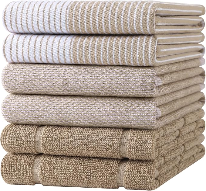Homaxy 6 Pack Cotton Terry Premium Kitchen Towels, 18 x 28 in, Khaki | Large 380 GSM Dish Towels, Highly Absorben Flat & Terry Kitchen Hand Towels, Soft Utility Tea Towel Set with Hanging Loop