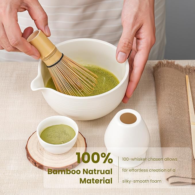 Matcha Whisk Set, Ceramic Bowl Matcha Kit & Handcrafted Bamboo Chasen, Complete 5 Pcs Matcha Set Whisk and Bowl, Stainless Steel Sifter, Bamboo Scoop & Holder for Matcha Lovers