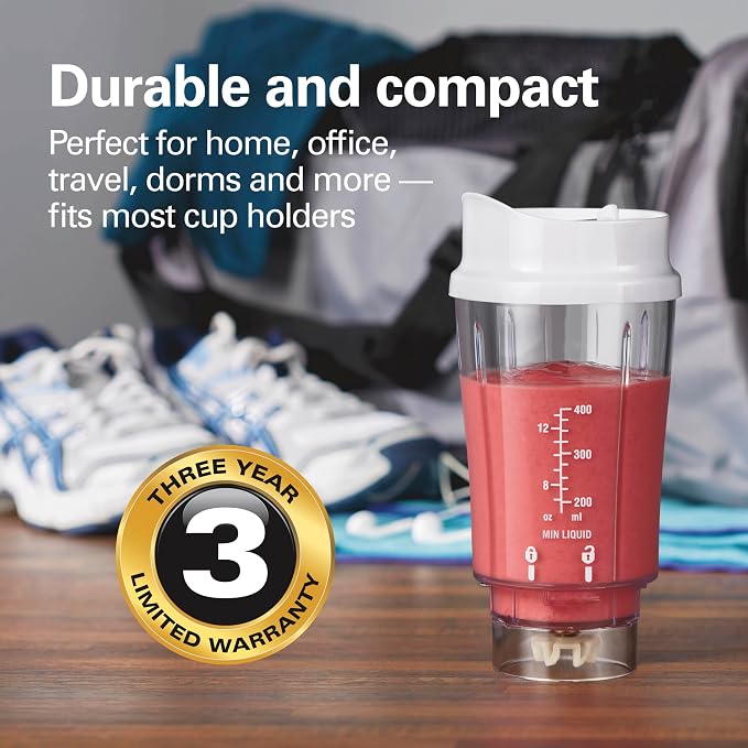 Hamilton Beach Portable Blender for Smoothies With 14 oz. Travel Jar | 2 BPA Free Jars & Lids | Durable Stainless Steel Blades | 300 Watts Peak Power | Personal Smoothie Blender | White | 51102G