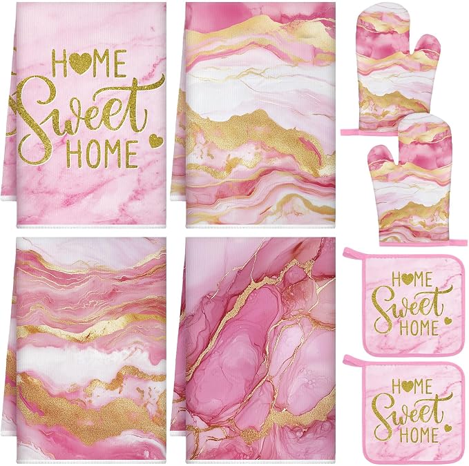 Leinuosen Pink and Gold Marble 8 Pcs Kitchen Towels and Dishcloths Sets Oven Mitts and Pot Holders Absorbent Kitchen Gloves Potholders Heat Resistant for Chef Baking Cooking