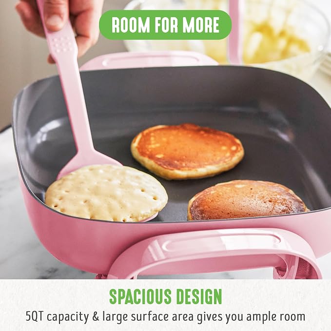 GreenLife 12" 5QT Electric Skillet, Pink | PFAS-Free Ceramic Nonstick Coated Interior, Glass Vented Lid, Temperature Control, Dishwasher Safe, Pancakes, Eggs, Bacon
