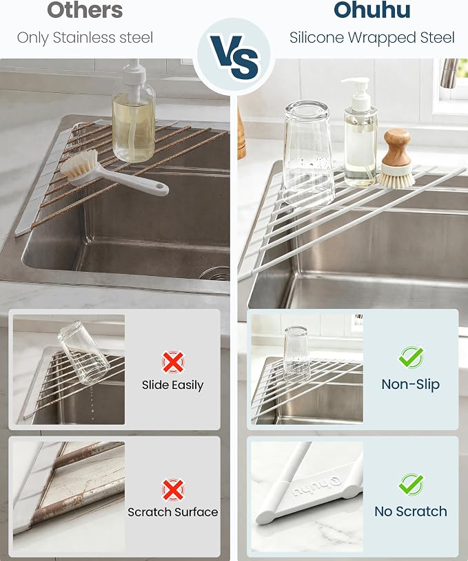 Ohuhu Corner Sink Strainer, Sponge Holder for Kitchen Sink Organizer - Silicone Wrapped Steel Anti Slip Rust Triangle Over the Sink Roll-UP Dish Drying Rack Caddy Kitchen Sink Accessories