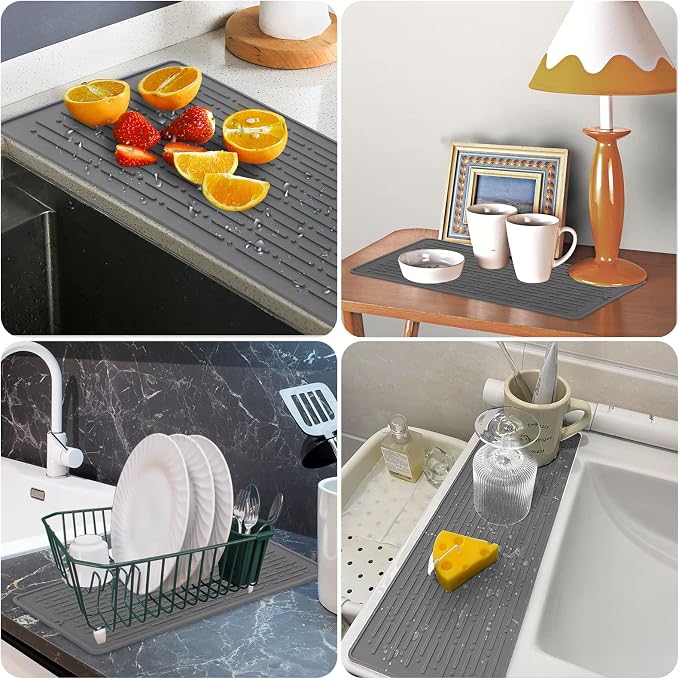 Dish Drying Mats, Heat-resistant Silicone Mat for Kitchen Counter, Non-Slip Dish Dry Mat Dishwasher Safe Large, Gray