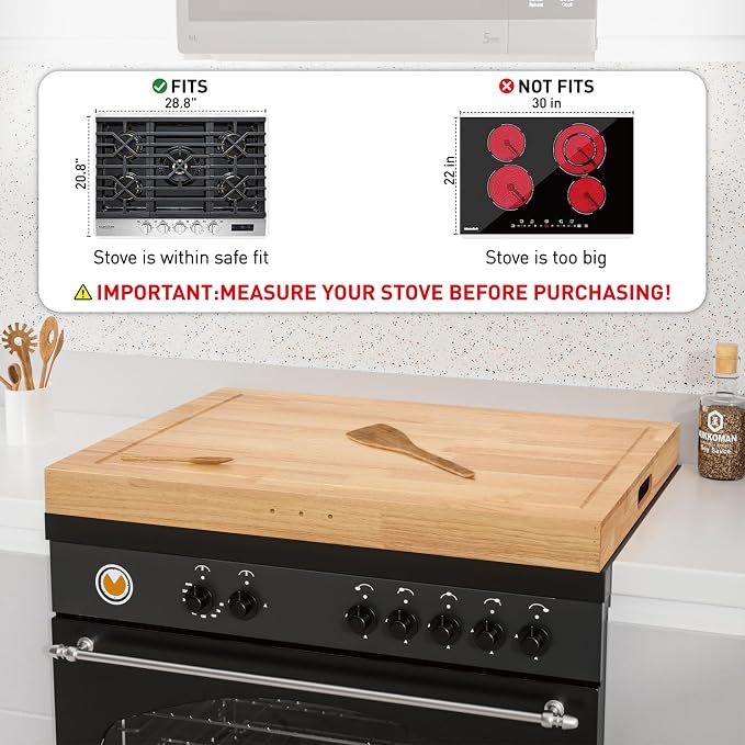 Buruis Rubberwood Stove Cover for 28.82 x 20.83 Inch Gas & Electric Stoves | Noodle Board Design with Juice Groove, Extra Counter Space, Built-In Handles, Multi-Purpose Kitchen Serving Board