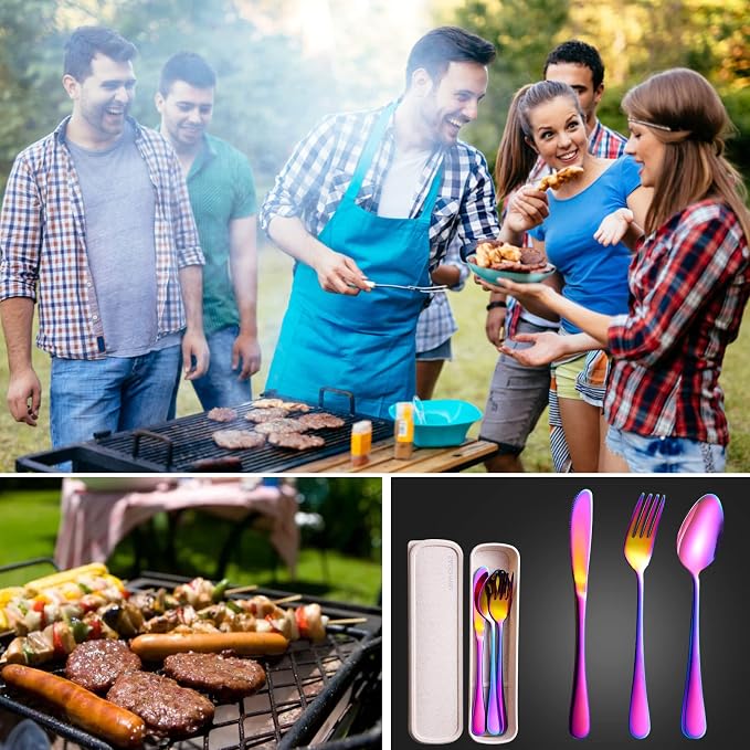 SAOSHYPEI Travel Utensils with Case, 4-Piece Stainless Steel Set, Rainbow | Colorful reusable fork, spoon and knife set for work lunch, school, picnic and travel; portable case, dishwasher safe.
