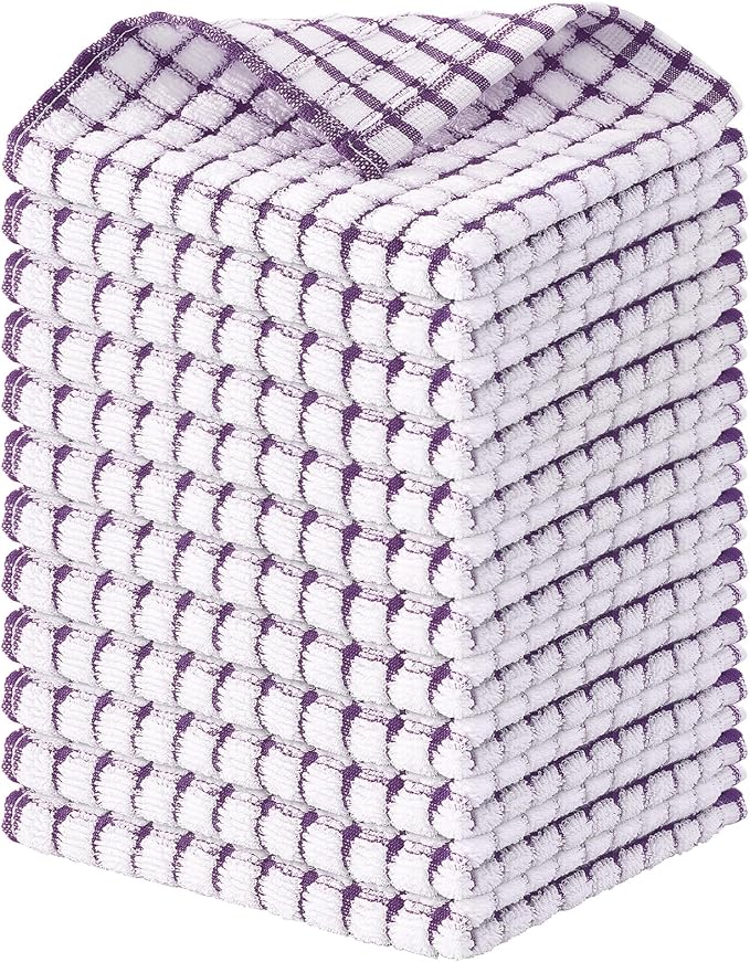 Kitinjoy Cotton 12 Pack Terry Kitchen Dish Cloths, Purple | 12 x 12 Inches Super Soft and Absorbent Dish Rags, Quick Drying Dish towels for Washing Dishes