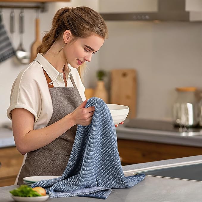 Mordimy Premium Large Cotton Kitchen Towels (18"x 28", 8 Pack), Navy Blue | 100% Ring Spun Cotton, Super Absorbent, 380 GSM, Flat & Terry, Soft, Hanging Loop Dish Towels