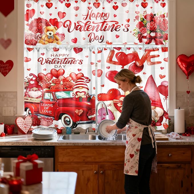 13 Pcs Valentine's Day Kitchen Sets with Kitchen Towels Non Slip Mats Curtains Valance Pot Holders Oven Mitts Red Love Heart Home Decor Accessories Sets for Valentines Cooking Grilling Baking Gift