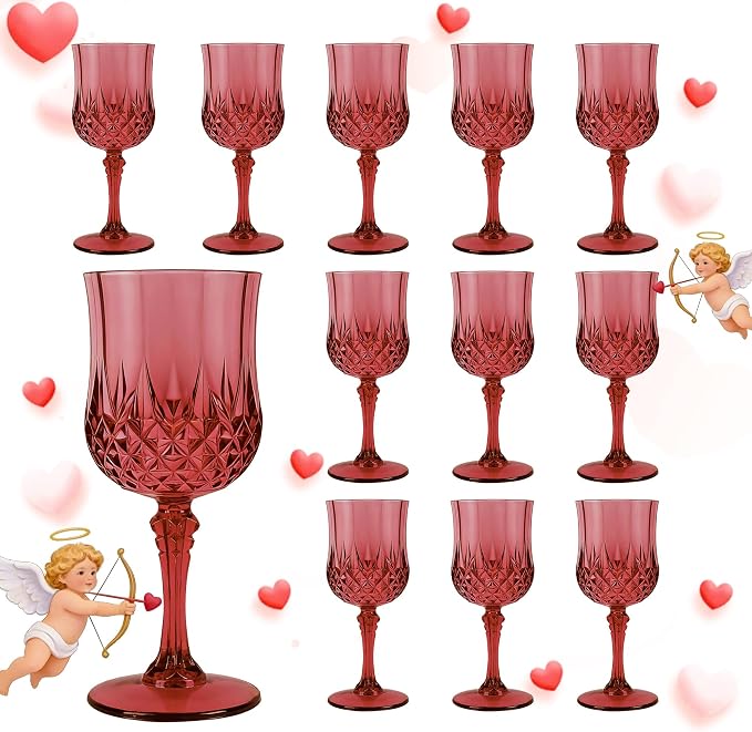 12Pack Plastic Wine Glasses, 7oz Vintage Goblets for Wedding | Unbreakable Crystal Style Reusable Stemware, Elegant Burgundy Drinking Glass for Party Anniversary & Holiday Celebration