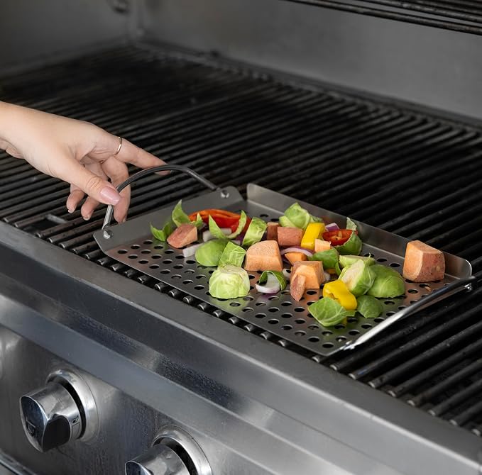 Outset 76631 Stainless Steel Grill Topper Grid, 11"x7" BBQ Pan With Handles | Stainless Steel Grill Topper | BBQ Veggie Grill Tray | Easy to Carry | Seafood Grill Tray With Holes | Infuses Flavor