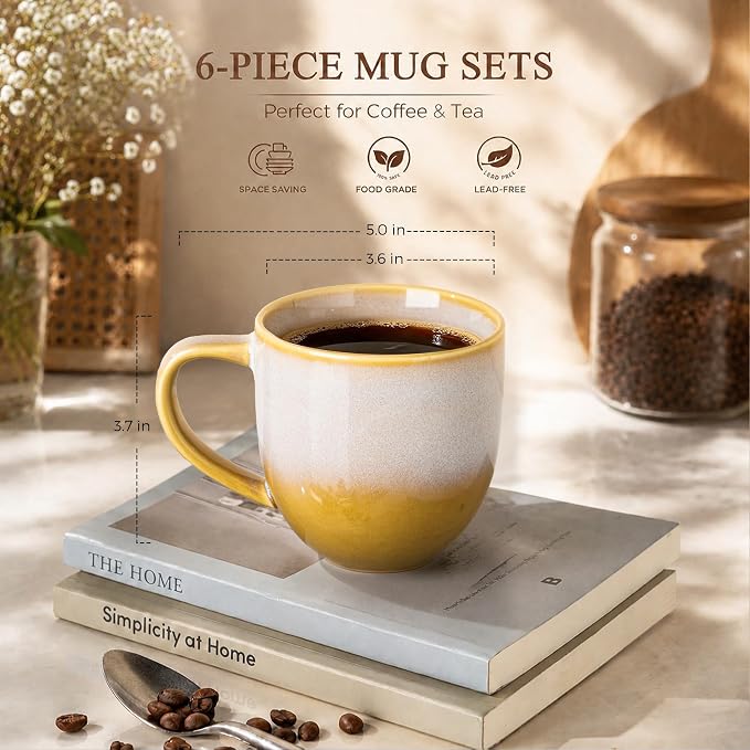 theterra Ceramic Coffee Mugs Set of 6, 12 oz Coffee Cups with Handle | Handmade, Suitable for Latte, Tea, Milk, Beer & Hot Cocoa, Autumn Haze