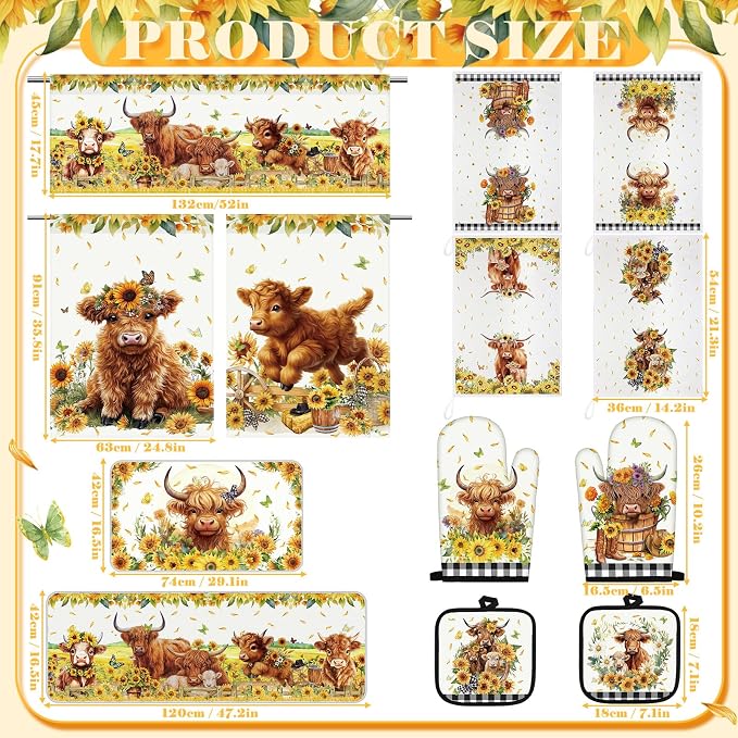 13 Pcs Farmhouse Highland Cow Kitchen Decor Set 3 Cow Kitchen Curtains Valance 2 Sunflower Rugs and Mats 4 Towels 2 Pot Holders 2 Oven Mitts for Home Decor Cooking Grilling Housewarming Gift