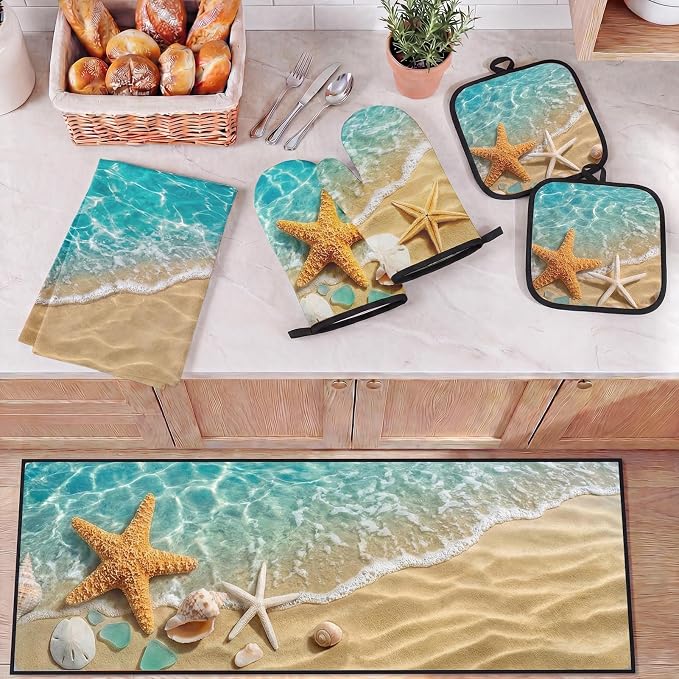 10 Pcs Starfish Beach Kitchen Decor and Accessories Set, 4 Kitchen Dish Towels 2 Rugs 2 Oven Mitts 2 Pot Holders, Home Decor for Cooking Baking BBQ Gifts Women Mom Housewarming