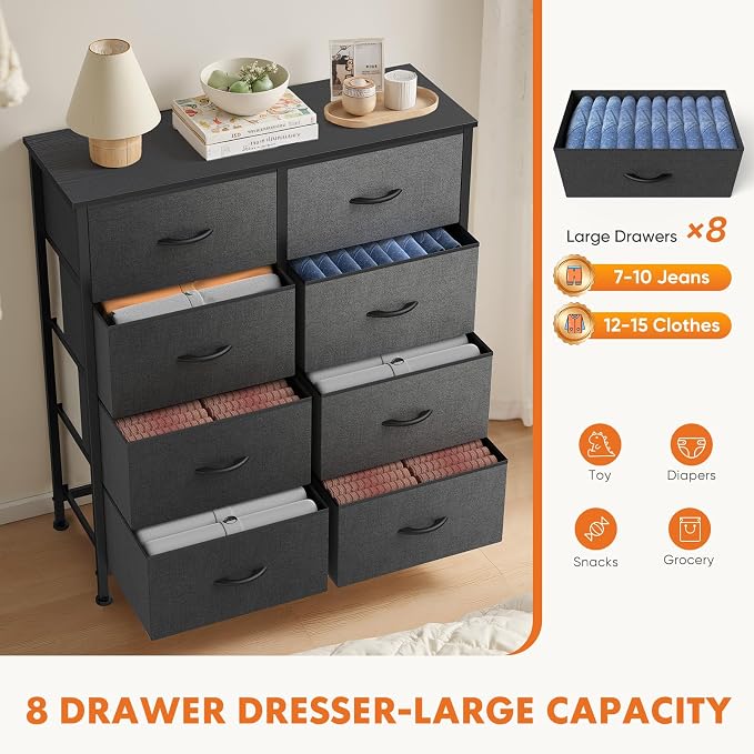 Sweetcrispy 8 Drawer Dresser with Fabric Bins for Bedroom Storage, Grey | Closet Organizer, Tall Chest of Drawers with Steel Frame and Wood Top, Easy Pull Handles, Hallway Entryway